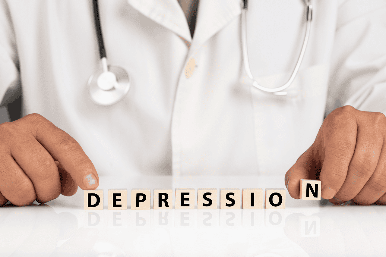Depression awareness and mental health support by healthcare professional with stethoscope.