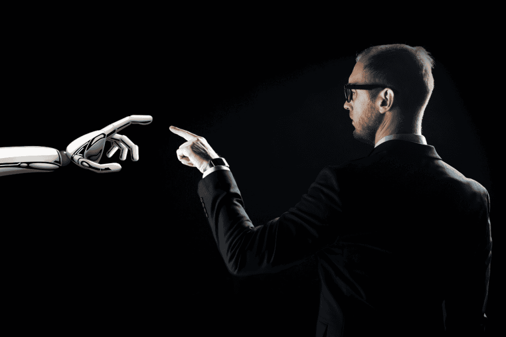 Cutting-edge AI robot hand reaching towards a businessman touching his finger in a dark setting, illustrating technology and innovation, the solemn sir branding, futuristic concept, artificial intelligence interaction, digital technology image.