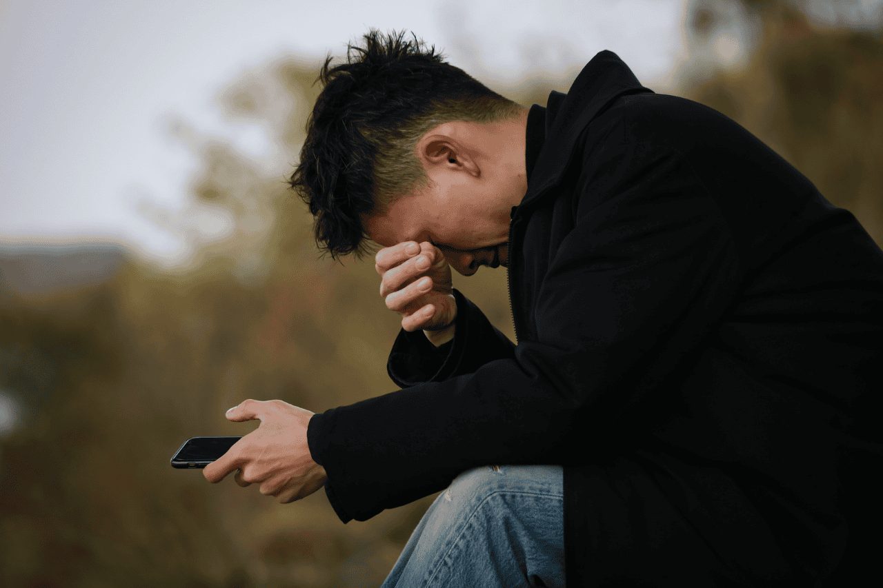 Lonely man sitting outdoors with smartphone, expressing sadness and stress, mental health awareness, emotional distress, outdoor park setting, The Solemn Sir, modern lifestyle struggles.